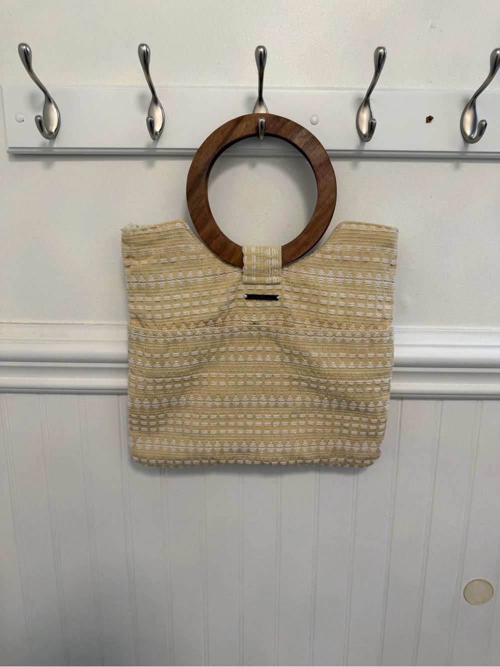 O’Neill Beige and White Woven Mini Tote with Wooden Ring Handles